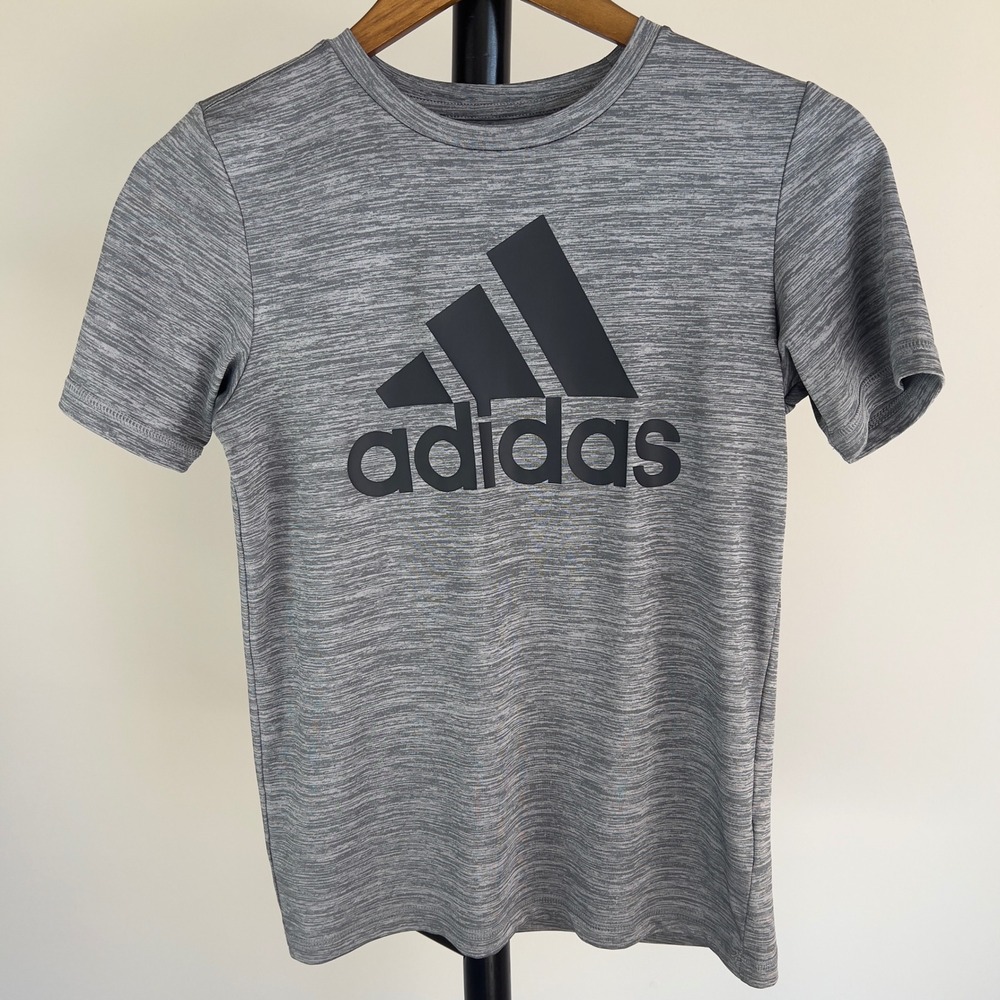 Adidas Kids Gray Heathered Logo Graphic Performance T-Shirt Size M 10/12 AA5717